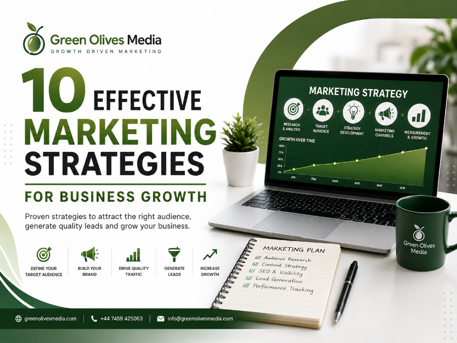 Green Olives Media banner showing 10 effective marketing strategies for business growth, including audience research, content, SEO, lead generation and performance tracking.