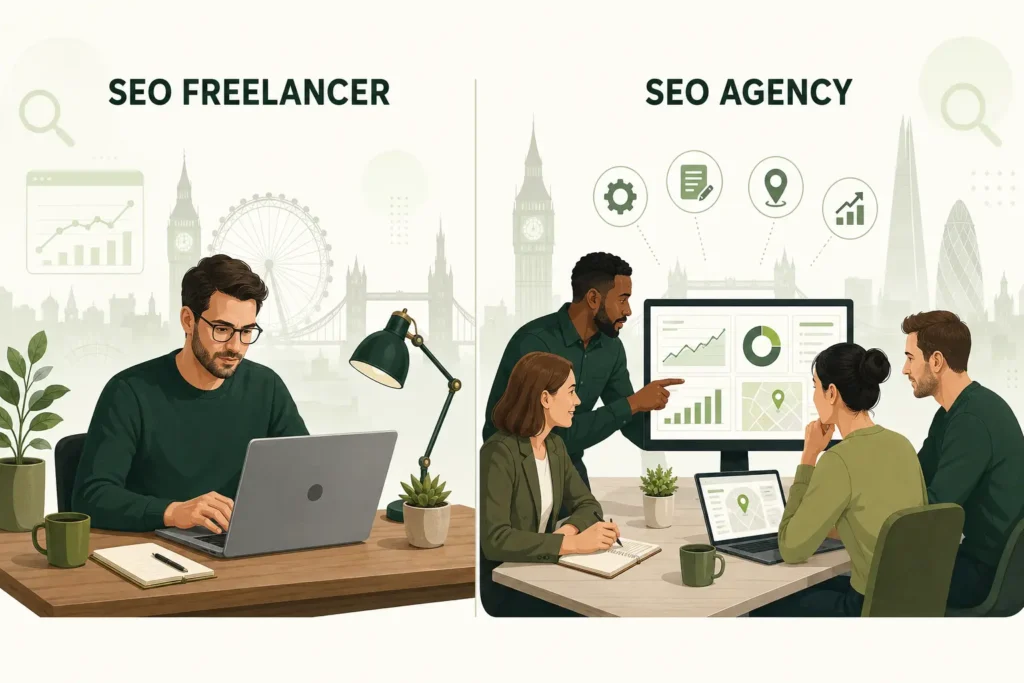 SEO freelancer working alone compared with an SEO agency team supporting a London SME
