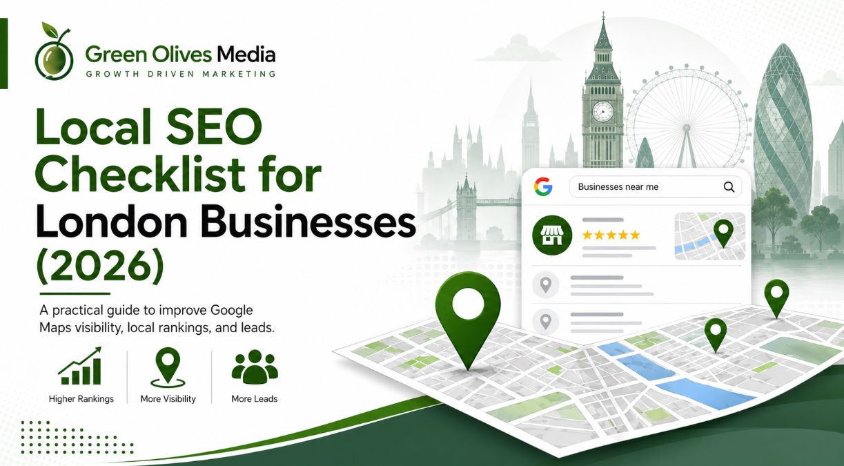 Local SEO checklist for London businesses in 2026 showing Google Maps rankings, local search visibility and lead generation.