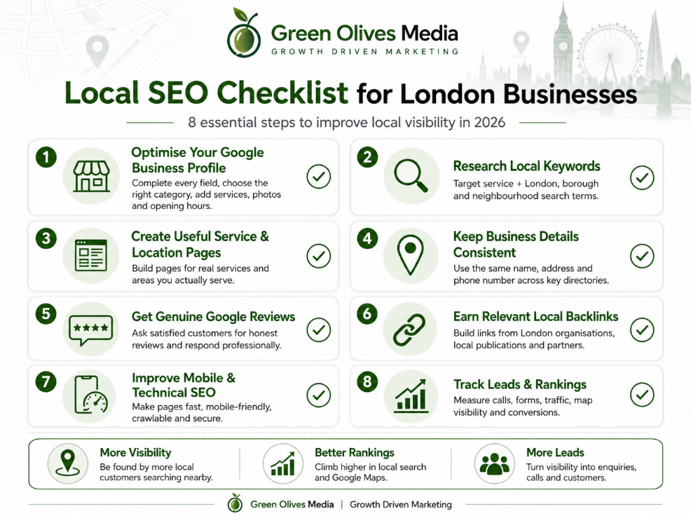 Local SEO checklist infographic for London businesses covering Google Business Profile, reviews, citations, location pages and local backlinks.